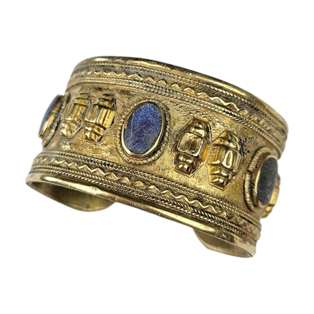 Afghan Peshawar Lapis Lazuli Cuff Bracelet Gilt Brass Blue Ethnic Vintage ~6.5" - Picture 2 of 11